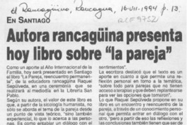 Autora rancagüina presenta hoy libro sobre "la pareja"  [artículo].