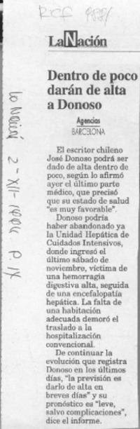 Dentro de poco darán de alta a Donoso  [artículo].