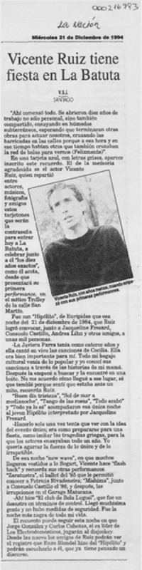 Vicente Ruiz tiene fiesta en La Batuta  [artículo] V. S. J.