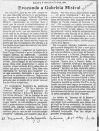 Evocando a Gabriela Mistral  [artículo] Ketty Farandato Politis.