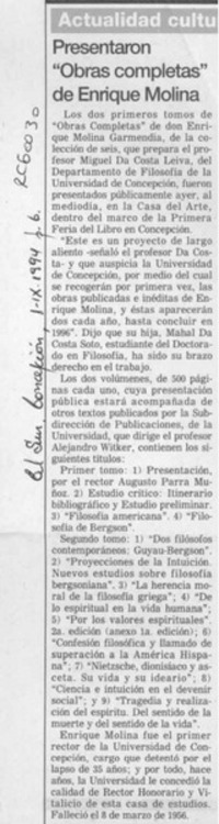 Presentaron "Obras completas" de Enrique Molina  [artículo].