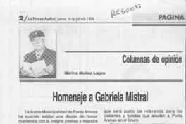 Homenaje a Gabriela Mistral  [artículo] Marino Muñoz Lagos.