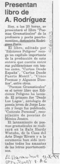 Presentan libro de A. Rodríguez  [artículo].