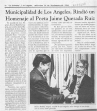 Municipalidad de Los Angeles, rindió un homenaje al poeta Jaime Quezada Ruiz  [artículo].