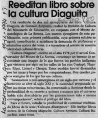 Reeditan libro sobre cultura Diaguita  [artículo].