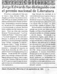 Jorge Edwards fue distinguido con el Premio Nacional de Literatura