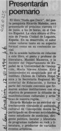 Presentarán poemario  [artículo].