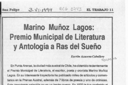 Marino Muñoz Lagos, Premio Municipal de Literatura y "Antología a ras del sueño"  [artículo] Azucena Caballero.