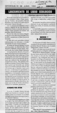Lanzamiento de libro ecológico  [artículo] Jorge Abasolo A.