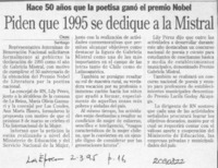 Piden que 1995 se dedique a la Mistral  [artículo].