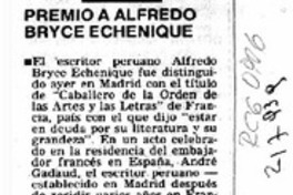 Premio a Alfredo Bryce Echenique  [artículo].