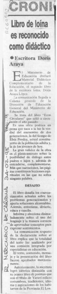 Libro de loína es reconocido como didáctico  [artículo].
