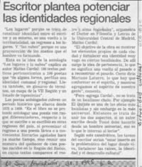 Escritor plantea potenciar las identidades regionales  [artículo].