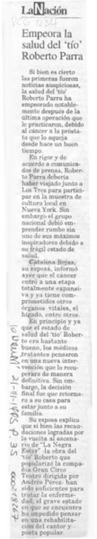 Empeora la salud del "tío" Roberto Parra