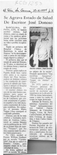 Se agrava estado de salud de escritor José Donoso  [artículo].