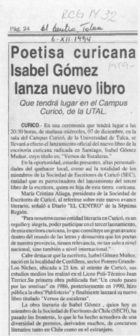 Poetisa curicana Isabel Gómez lanza nuevo libro  [artículo].