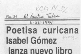 Poetisa curicana Isabel Gómez lanza nuevo libro  [artículo].