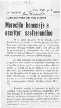 Merecido homenaje a escritor safernandino  [artículo].