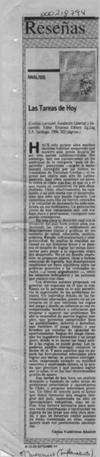 Las tareas de hoy  [artículo] Carlos Valdivieso Ahnfelt.