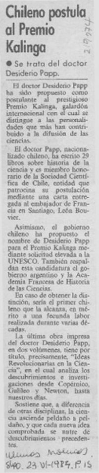 Chileno postula al premio Kalinga