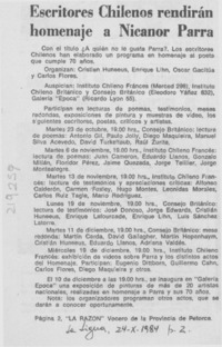 Escritores chilenos rendirán homenaje a Nicanor Parra