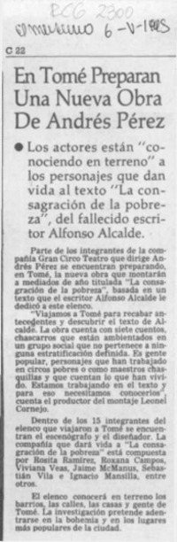 En Tomé preparan una nueva obra de Andrés Pérez  [artículo].