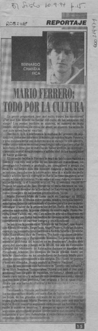 Mario Ferrero, todo por la cultura  [artículo] Bernardo Chandía Fica.