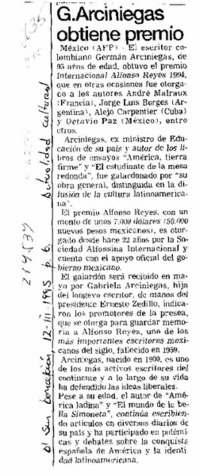 G. Arciniegas obtiene premio  [artículo].