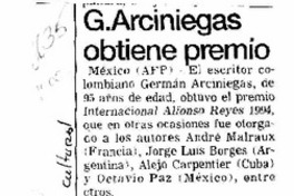 G. Arciniegas obtiene premio  [artículo].