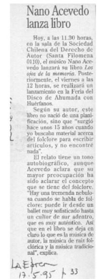 Nano Acevedo lanza libro  [artículo].