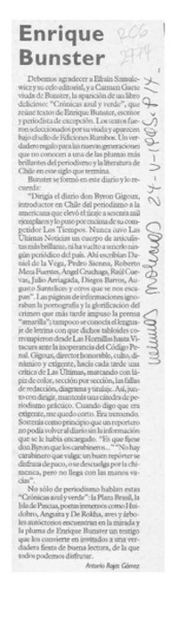 Enrique Bunster  [artículo] Antonio Rojas Gómez.