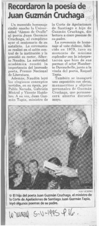 Recordaron la poesía de Juan Guzmán Cruchaga  [artículo].