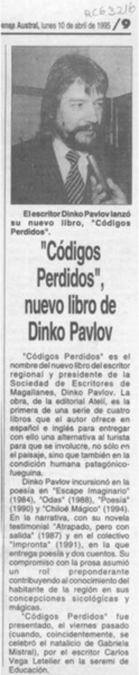 "Códigos perdidos", nuevo libro de Dinko Pavlov  [artículo].