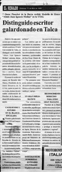 Distinguido escritor galardonado en Talca  [artículo].