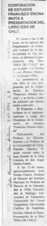 Corporación de estudios Francisco Encina invita a presentación del libro "Idea de Chile"  [artículo].