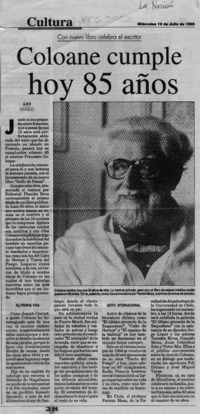 Coloane cumple hoy 85 años  [artículo] A. M. R.