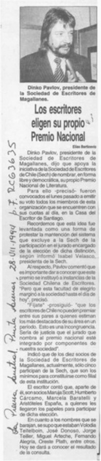 Los escritores eligen su propio Premio Nacional  [artículo] Elías Barticevic.