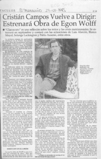 Cristián Campos vuelve a dirigir, estrenará obra de Egon Wolff  [artículo].