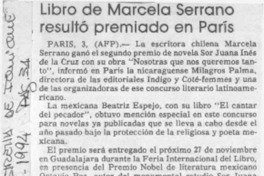 Libro de Marcela Serrano resultó premiado en París  [artículo].