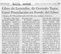 Libro de leyendas, de Gonzalo Tapia, ganó postulación en Fondo del Libro  [artículo].