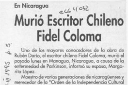 Murió escritor chileno Fidel Coloma  [artículo].