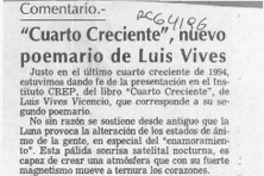 "Cuarto creciente", nuevo poemario de Luis Vives  [artículo] Magdiel Gutiérrez Pérez.