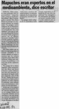 Mapuches eran expertos en el medioambiente, dice escritor  [artículo].