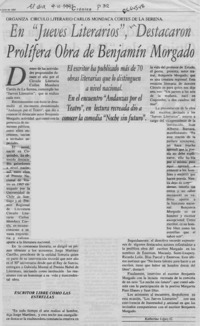 En "Jueves literarios", destacaron prolífera obra de Benjamín Morgado  [artículo] Katherine López G.