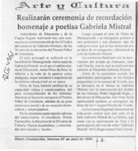 Realizarán ceremonia de recordación homenaje a poetisa Gabriela Mistral  [artículo].