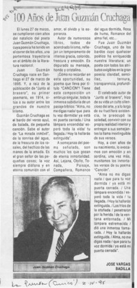100 años de Juan Guzmán Cruchaga  [artículo] José Vargas Badilla.