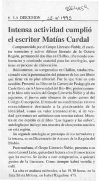 Intensa actividad cumplió el escritor Matías Cardal  [artículo].