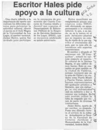 Escritor Hales pide apoyo a la cultura  [artículo].