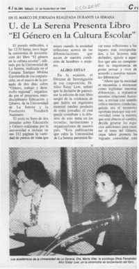 U. de La Serena presenta libro "El género en la cultura escolar"  [artículo].