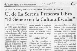 U. de La Serena presenta libro "El género en la cultura escolar"  [artículo].